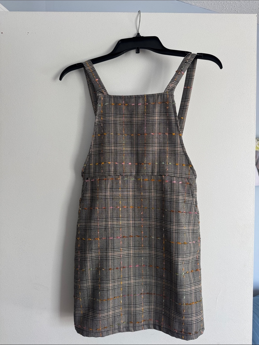 Hayden Girls Gray Plaid Pinafore Dress with Pink & Yellow Stitching